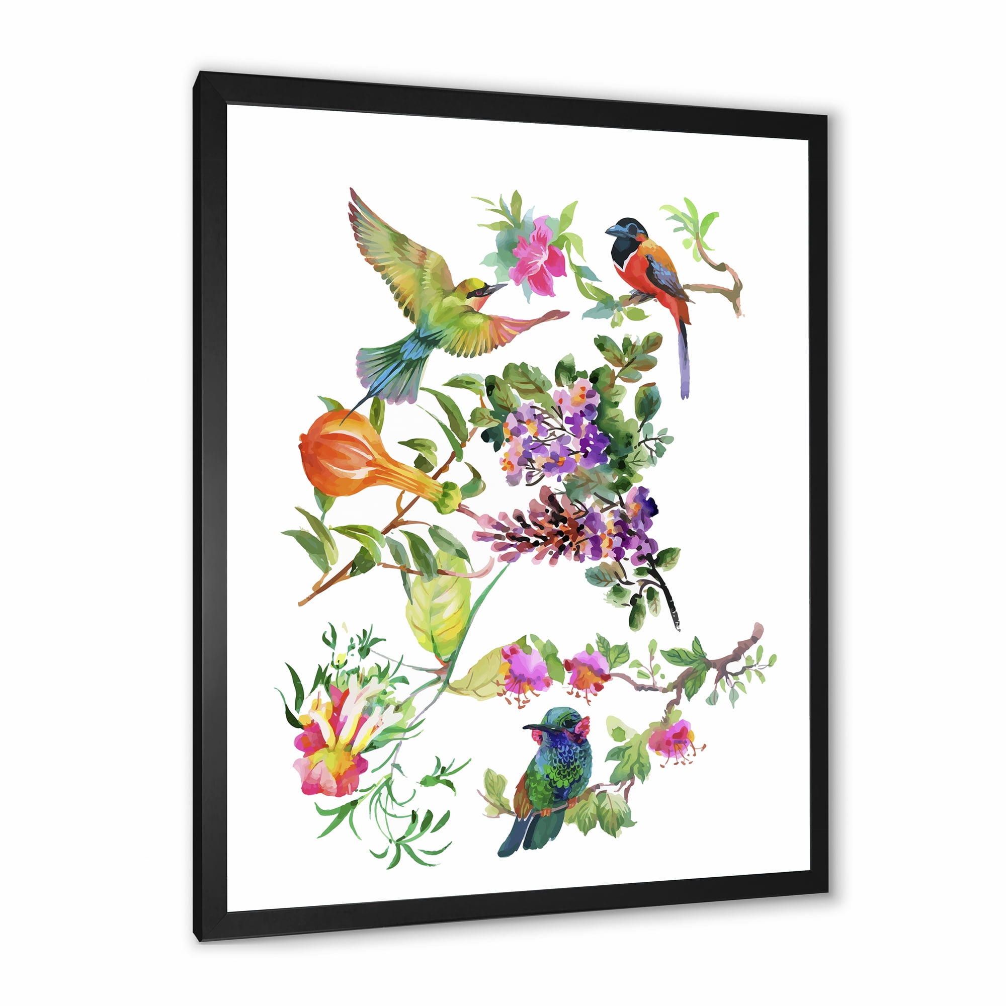 Designart 'Colourful Birds and Tropical Flowers II' Traditional Framed Art Print