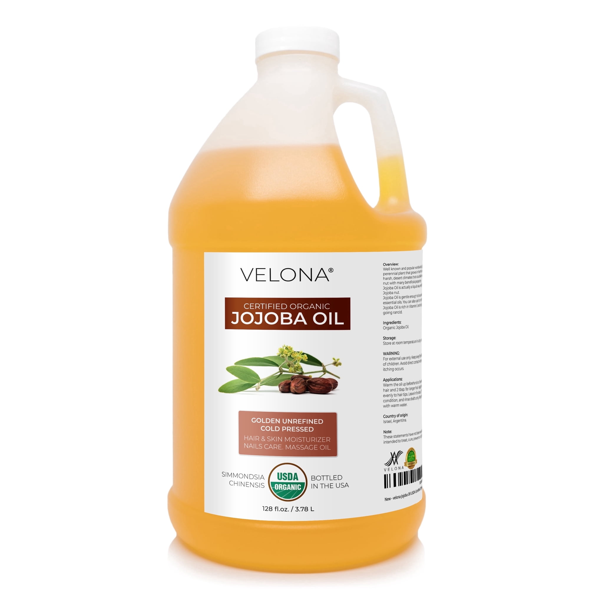 Velona USDA Organic Jojoba Oil - 128 fl oz , Unrefined, Cold-Pressed, Golden, with Pump