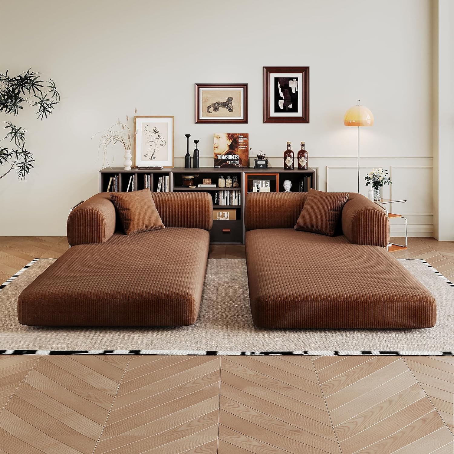 Howcool 79" Convertible Sofa Bed, Corduroy Folding Pull Out Couch with Pillows, Boneless Compression Sofa in a Box, Floor Sofa with Support Rods for Living Room,Brown