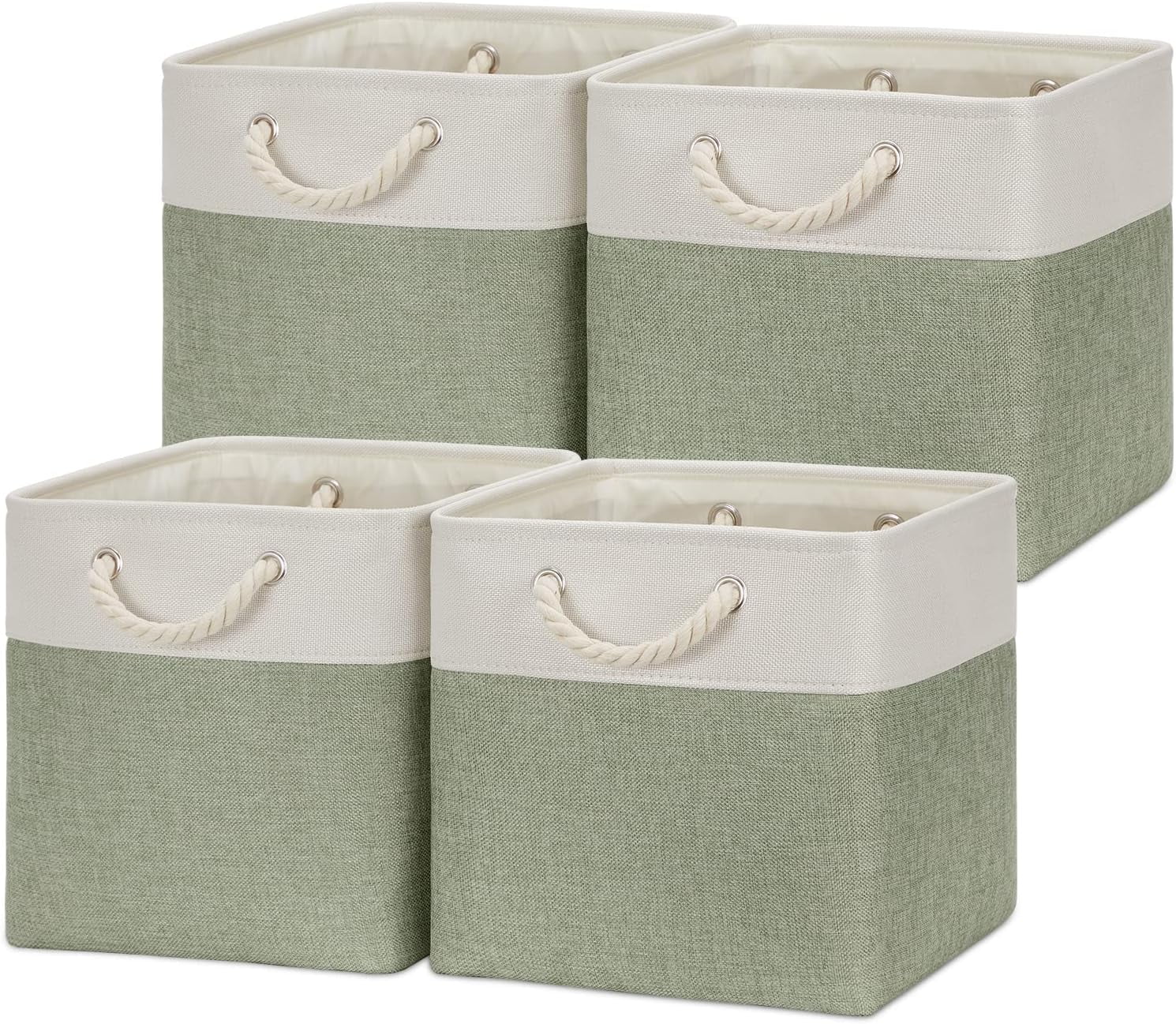 Fabric Storage Baskets 4Pack Storage Bins Decorative Basket for Gift, Clothes Bin with Handles, Rectangle Baskets for Storage, Blankets(White&Green,15x11x9.5 inch)