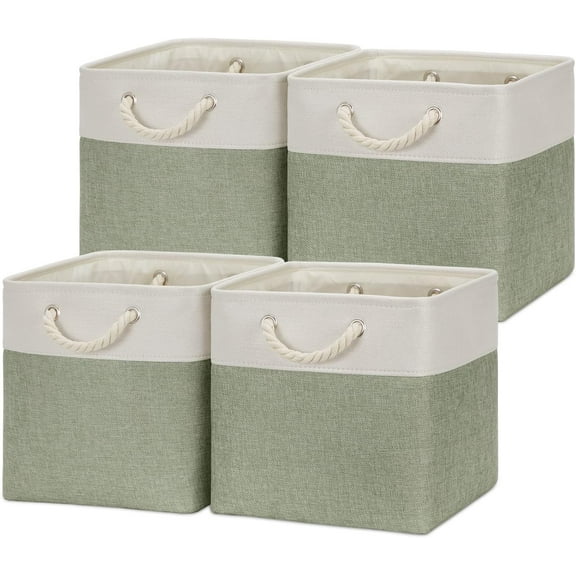 Cube Storage Baskets for Shelves 12 Inch Storage Cubes 4pack Fabric Storage Baskets for Organizing Clothes, Closet Baskets with Rope Handles for Home (White&Green)