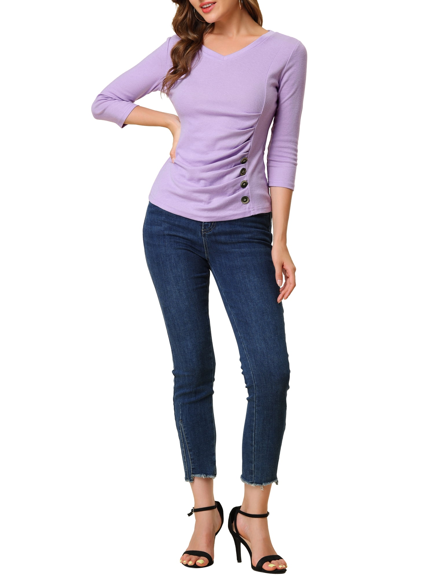 DARING DIVA V Neck Knitted Buttons Decor Ruched Blouse Top 3XL Light Purple