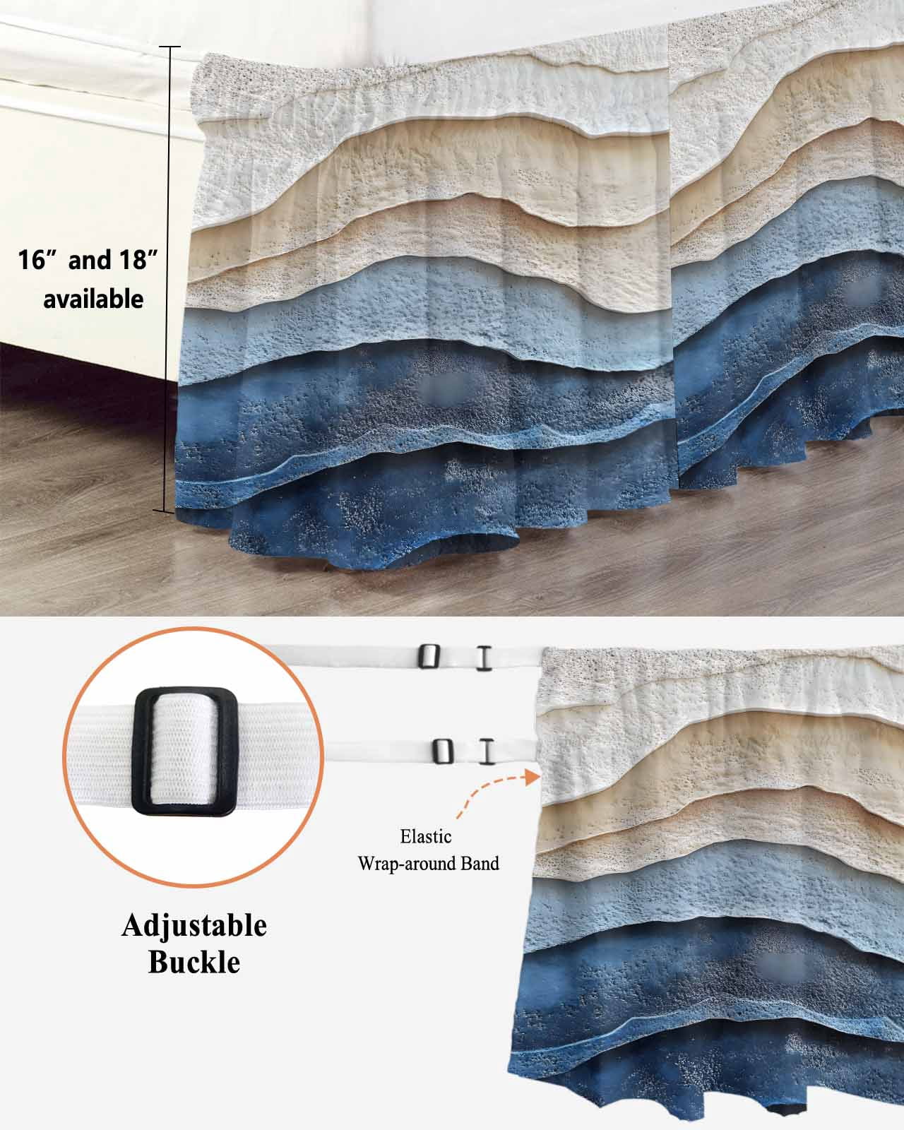 Blue Beige Wrap Around Bed Skirts for Queen Bed 16" Drop, Bed Skirt with Adjustable Elastic Belt Dust Ruffle Bed Valance for Bedroom Hotel Luxury Coastal Wave Modern Abstract Art Bed Frame Cover