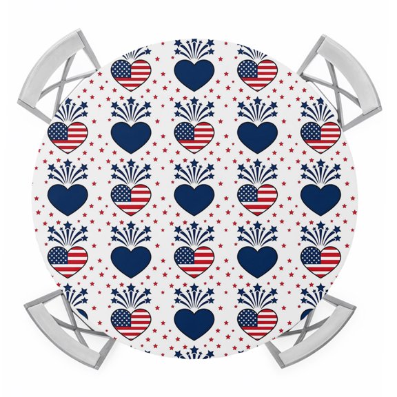Independence Day Round Table Cover, American Flag Blue Love Heart Star Waterproof Fitted Tablecloths for 36"-44" Tables, Washable Picnic Table Cover for Camping Dining Indoor Outdoor
