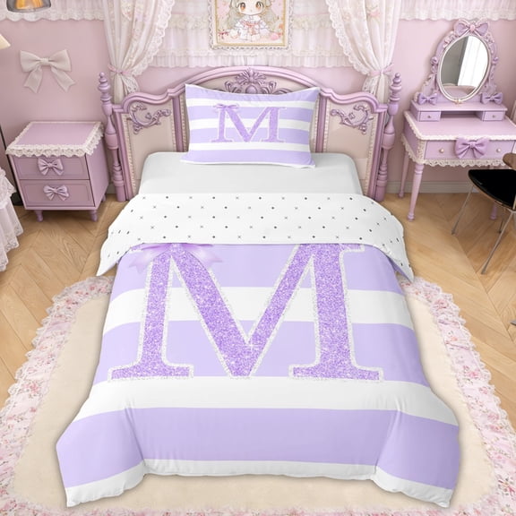 Erosebridal Glitter Print Bow Letter M Twin Bedding for Girls, Purple Stripes Ribbon Duvet Cover Set, Reversible, 1 Duvet Cover and 1 Pillowcase (No Comforter)