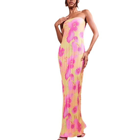 Biekopu Women's Summer Long Fitted Dress,Solid Color/Floral Evening Sleeveless Off Shoulder Strapless Dress