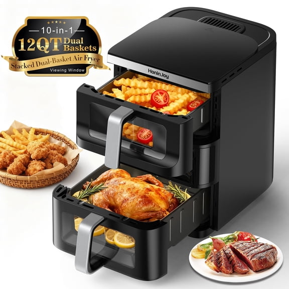 HoninJoy 12 QT Stack Double Basket Air Fryer, Space Saving Design, 10-in1 Air Fryer, Roast, Bake & More, Easy to Clean, Dishwasher Safe Parts