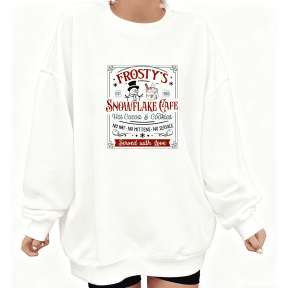 Casual Christmas Frosty's Snowflake Cafe Graphic Tee T-Shirt Print Top Round-neck long-sleeved White S-3XL