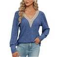 thumbnail image 2 of Women's New V-neck Lace Loose Stripe Brushed Loose Long Sleeve T-shirt Tops Cheap Sale, 2 of 7