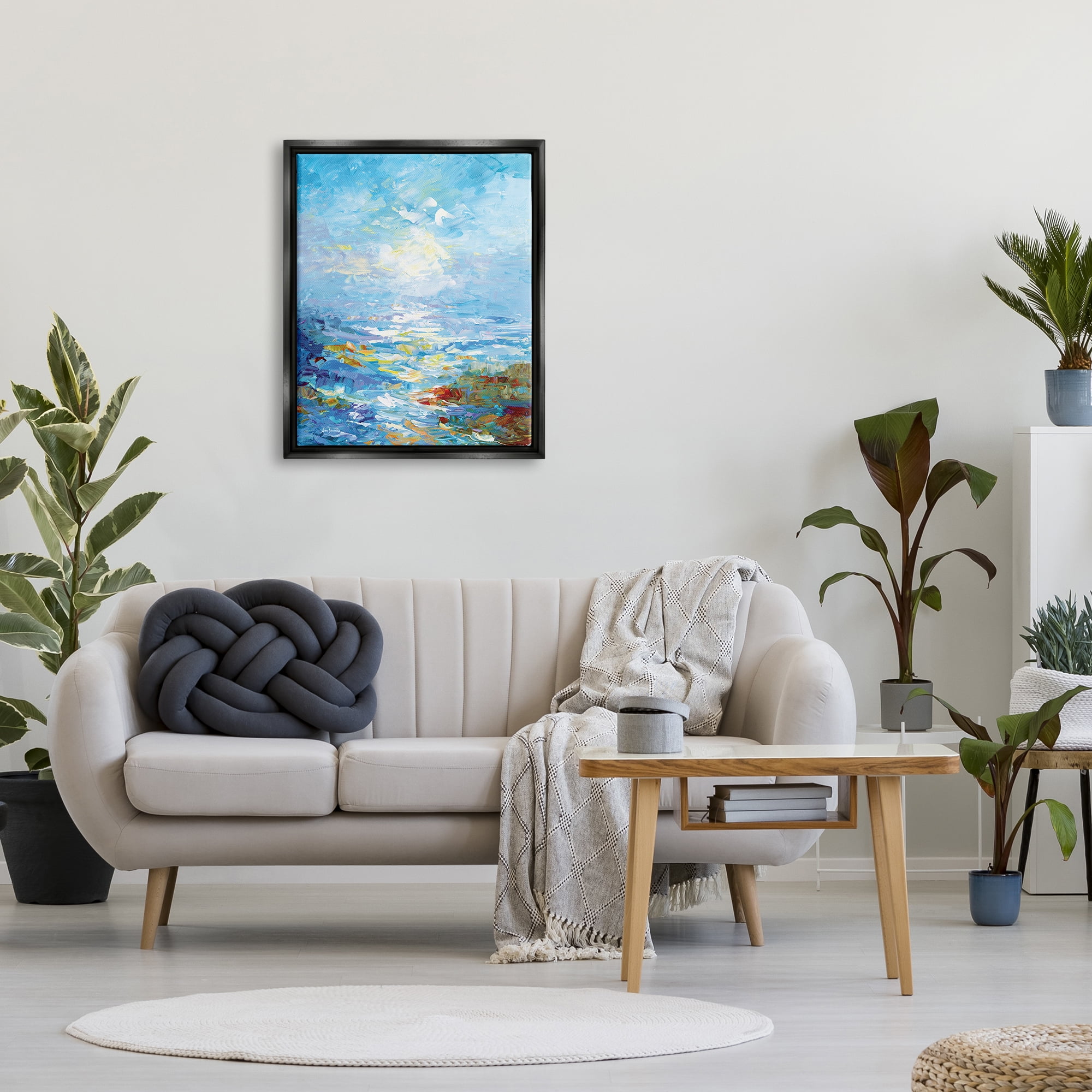 Stupell Industries Abstract Ocean Bliss Blue Landscape Painting Black Floater Framed Canvas Art Print Wall Art, 25 x 31