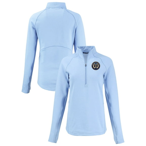 Women's-Cutter & Buck  Heather Powder Blue Philadelphia Union Peshastin Eco Fleece Recycled Half-Zip Pullover Top