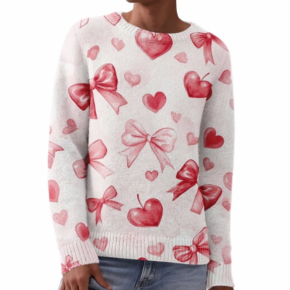 VISALY Valentines Day Sweaters Love Print Heart Sweater with Bow Oversize Sweaters Trendy Fashion Sweaters Oversize Sweaters Trendy Casual Sweaters Trendy Basic Sweaters Casual Sweater Hot Pink L