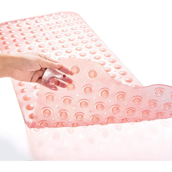 Bathtub Mats for Shower Tub Extra Long Non Slip Bath Mat, 39 x 16 Inch Shower Mat with Drain Holes and Suction Cups, Bath Tub Mat for Bathroom with Machine Washable (Clear Coral Pink)
