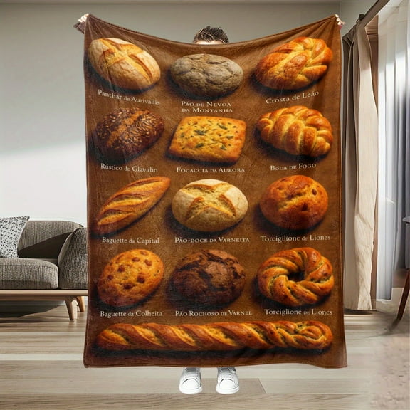 1pc Bread-Themed Flannel Blanket - Soft & Warm Lightweight All-Season Bedspread with Artisan Bread Print (Croissants, Focaccia, Rye) - Cozy Kitchen Decor Gift for Bakers & Home Decor Lovers - Contemp