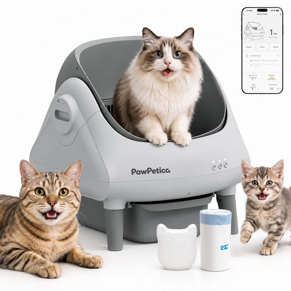 PawPetica Self Cleaning Litter Box,Open Top Automatic Litter Box with App Control for Multiple Cats, Safety Sensors Protection,Large Waste Bin