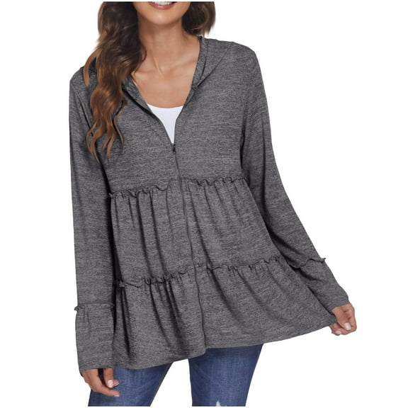 Women's Casual Jackets New Womens Zip up Hoodies Lightweight Pleated Tiered Hooded Sweatshirt Casual Long Sleeve Ruffle Sweaters Dark Gray L