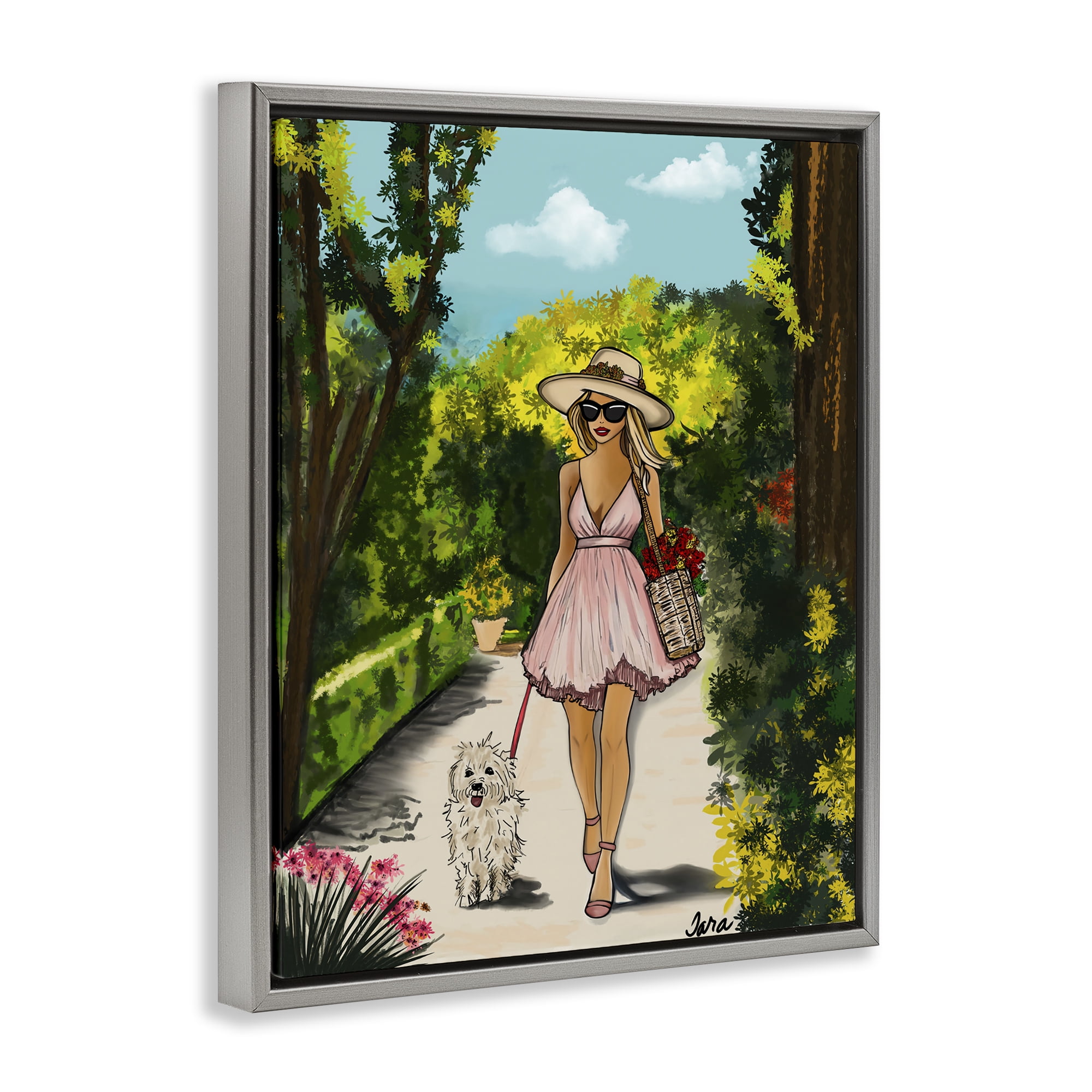 Stupell Industries Garden Girl Strolling with Pup Gray Framed Floater Canvas Wall Art, design by Tara Boone