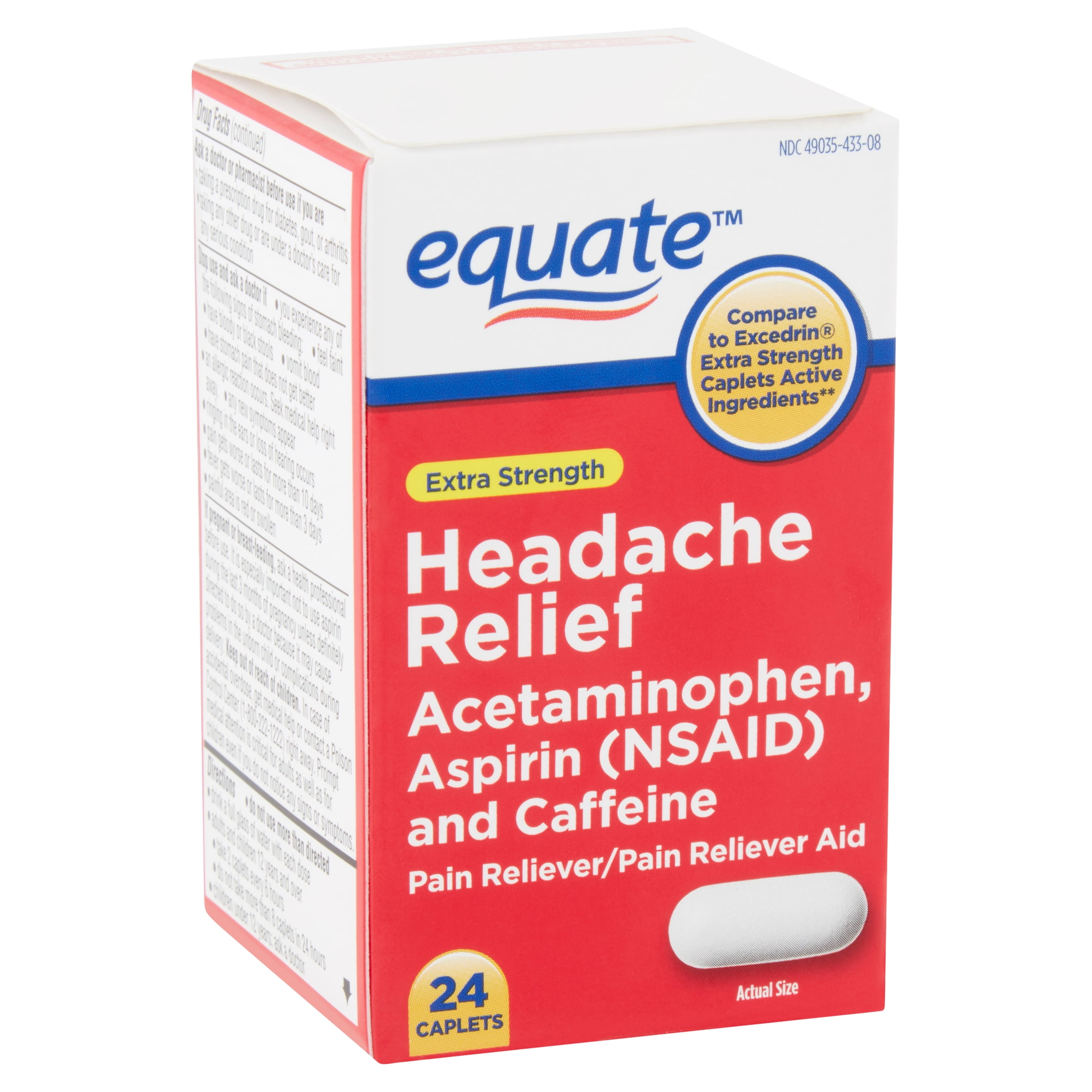 Equate Extra Strength Headache Relief Pain Reliever Caplets with Caffeine, 24 Count Walmart