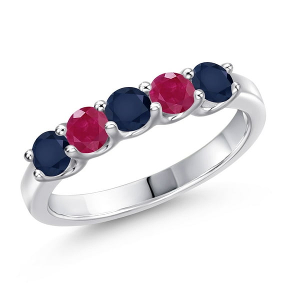Gem Stone King 925 Sterling Silver Blue Sapphire and Red Ruby Wedding-Bands Ring for Women | 1.16 Cttw | Round 3.5MM | Gemstone September Birthstone | Size 9