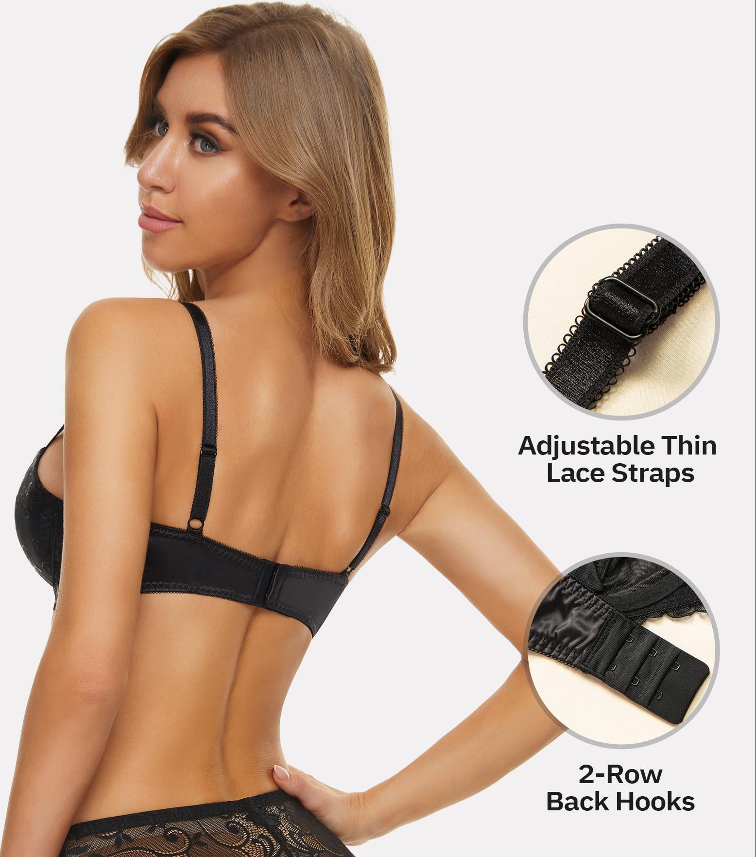 Wingslove Women's Push Up Bra Sexy Lace Balconette Plus Size Full Cup Unpadded Underwire See Through Bra,Black 36DD