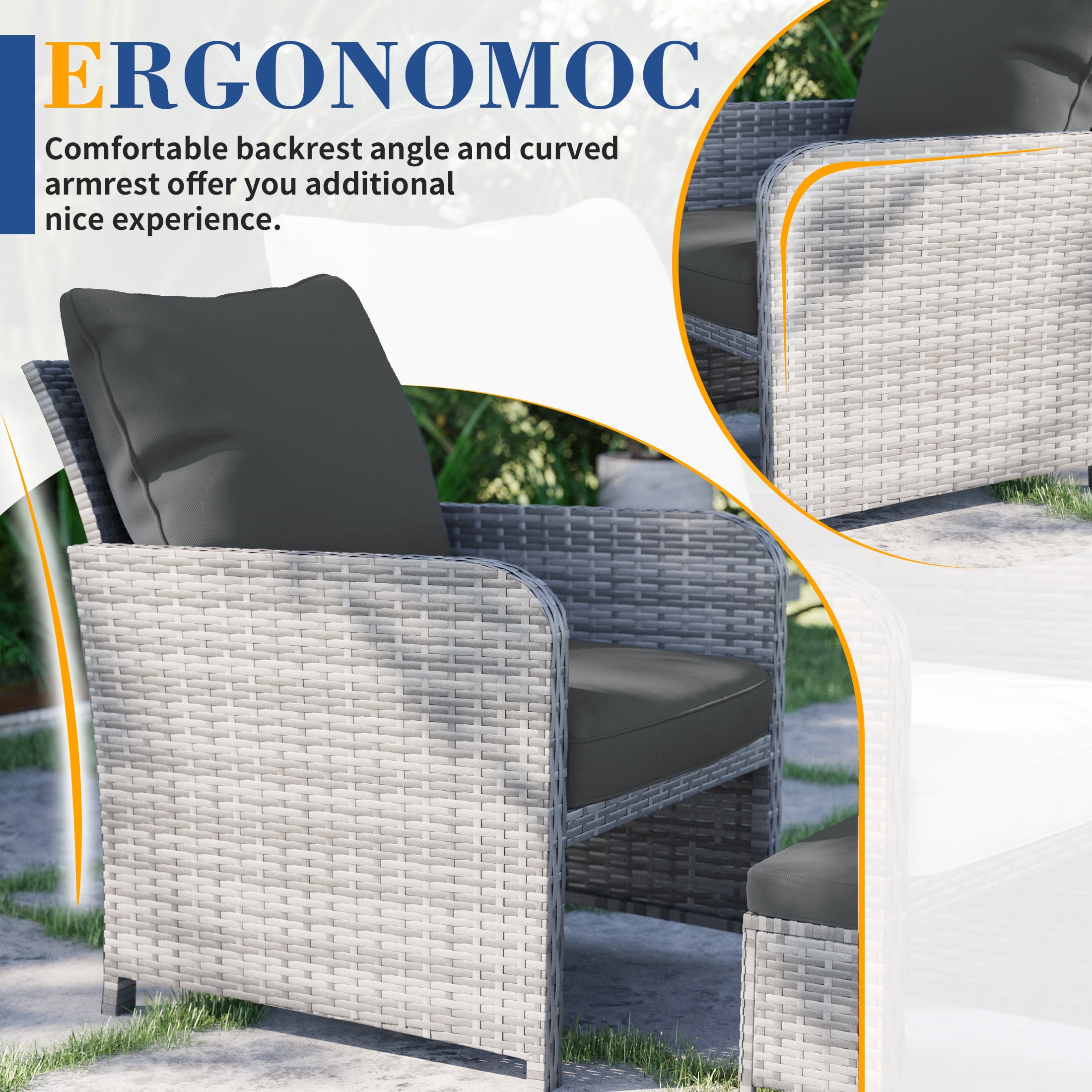 Poteban Gray Rattan Outdoor Seating 5-Piece Set,Outdoor Patio Chair with Ottoman for Front Porch Deck,Wicker Lounge Chair with Side Table,Grey