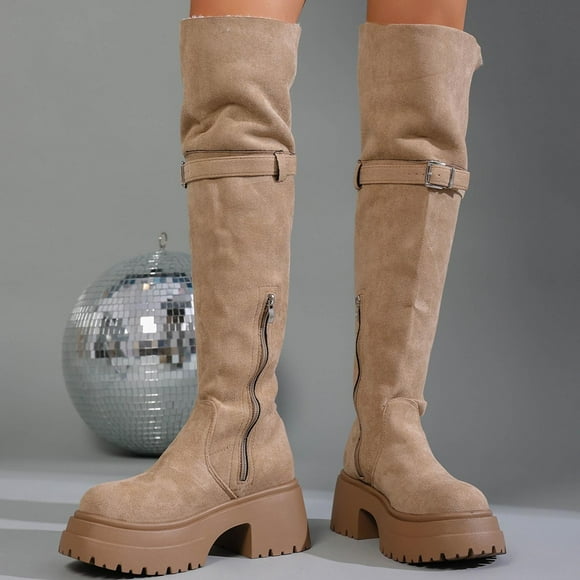 Fankiway Women's Faux Suede Knee High Boots - Chunky Heel Winter Casual Boots for Women Khaki