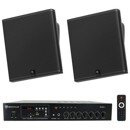 2) JBL SLP14/T-BK Sleek Low-Profile On Wall Mount 4" 70v Commercial Speakers+Amp