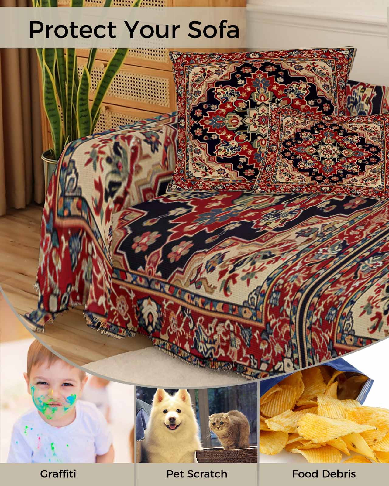 Red Bohemian Mandala Flower Sofa Couch Covers for Dog,Washable Sectional Couch Slipcovers for Loveseat with Tassels,Western Rustic Tribal Medallion Non Slip Sofa Throw Cover Blanket Large 71x102