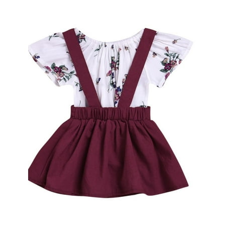 2Pcs Baby Girl Summer Clothes Set Floral Romper Tops+Suspender Braces Skirt