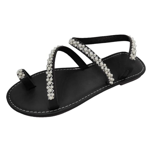 Bmisegm Ladies Summer Casual Rhinestone Pearl Beach Flat Bottom Set Foot Large Size Sandals Womens Sandals Summer Black 7.5
