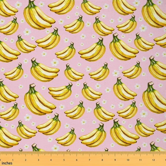 Manfei Cartoon Banana Sewing & Crafting Fabric (1 Yard), Cute White Floral Flower Home Decor Fabric by the Yard, Fruit Theme DIY Fabric