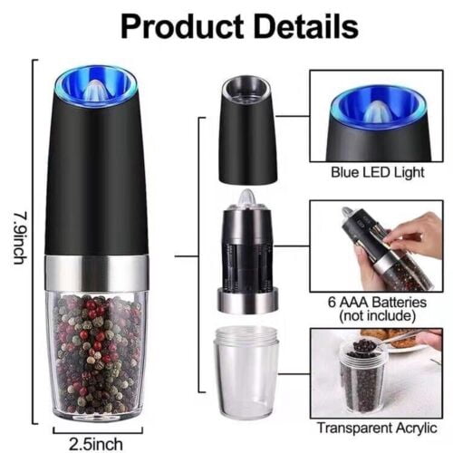 XEENSO 2 Pack Electric Pepper and Salt Grinder Set, Adjustable Coarseness, Battery Powered with LED Light, One Hand Automatic Operation, Stainless Steel, Black
