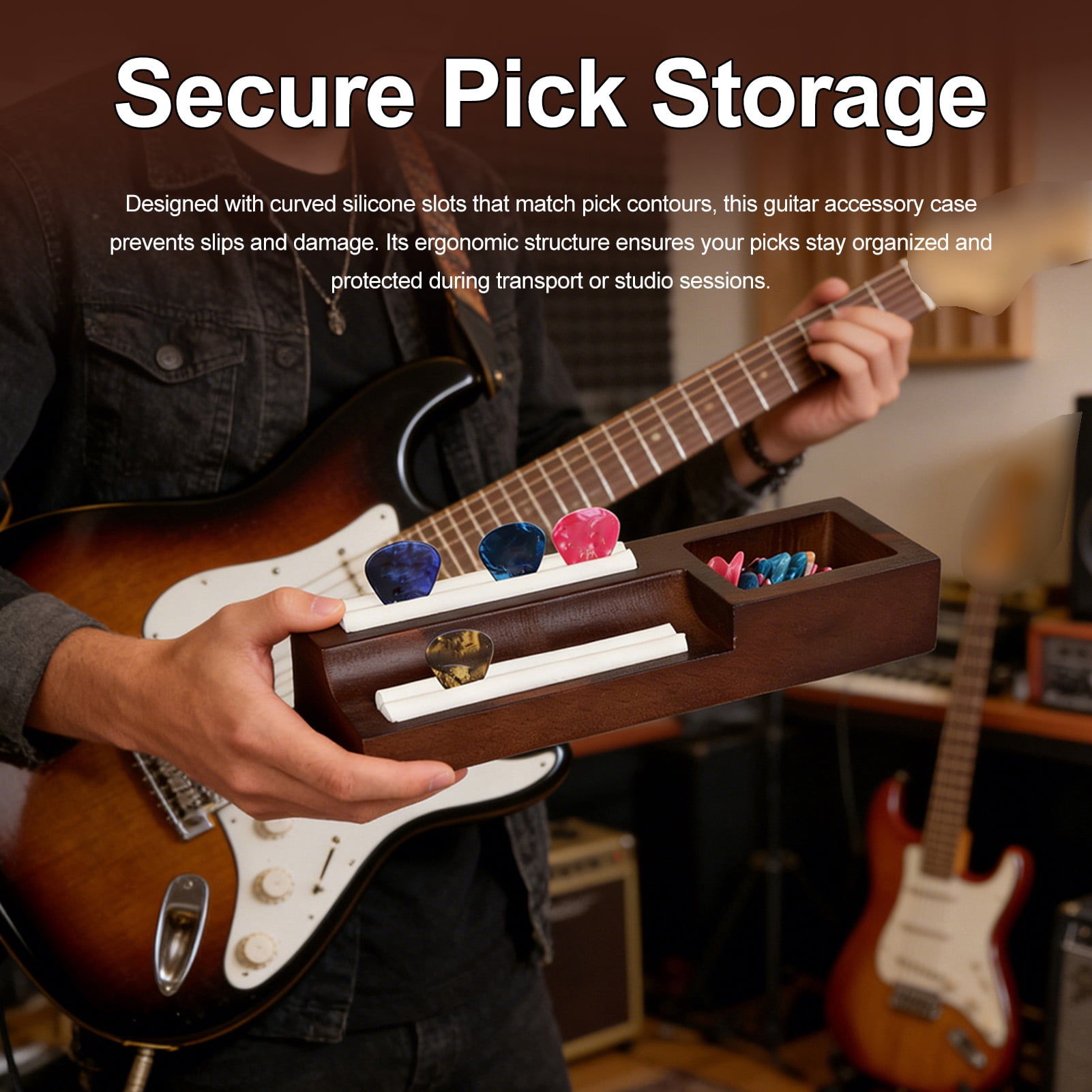 Guitar Pick Box Pick Guitar Picks Wooden Pick Holder Oak Wood Guitar Accessories Storage Box Silicone Slots with 10 Picks for Musicians Teachers