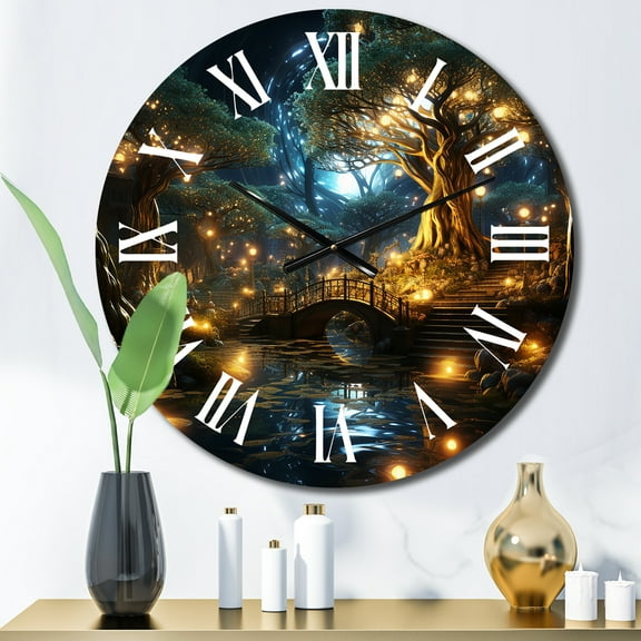 Designart "Gold Teal Fractal Enchanted Oasis" Modern Oversized Wall Clock