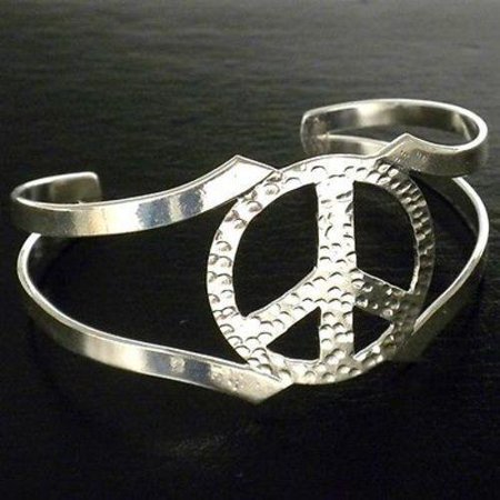 Womens Peace Bracelet - Silver Overlay Hammered Peace Cuff Bracelet - Artisana