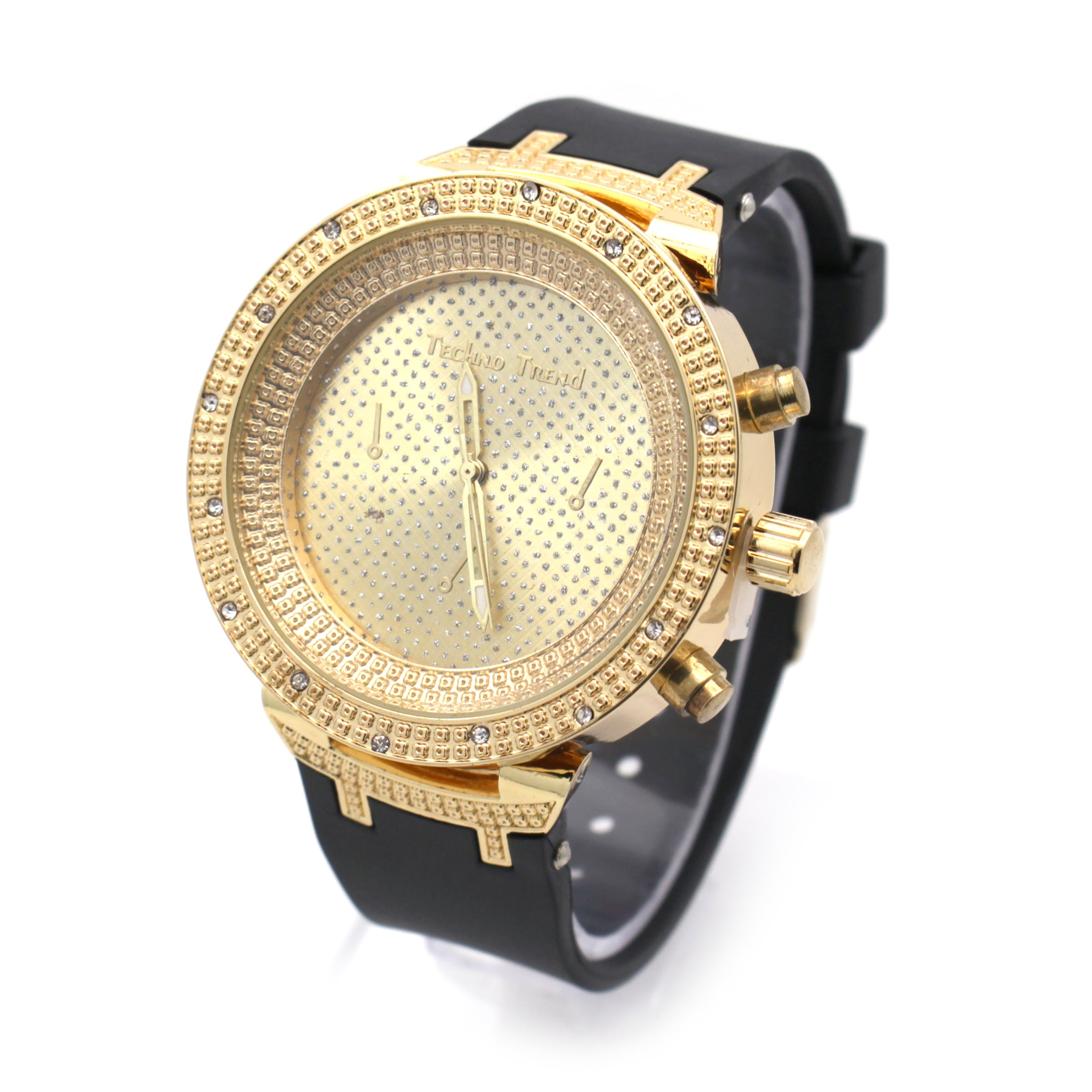 Quartz Encrusted Watch Analog Trend Round Mens Black Luxury Gold Diamond Sport Wrist Techno