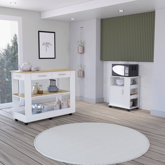 Tournament Kitchen Island & Cart Set: White & Light Oak, 6 Shelves, 1 Door, 3 Drawers, MDF, Mobile Kitchen Storage for Home. 45.9" Island.