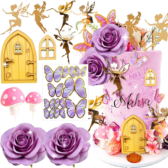 Fairy Forest Theme Cake Decoration Set - Magical Cottage Scene with Flying Fairies, Purple Roses & Butterflies for Enchanting Party Decor
