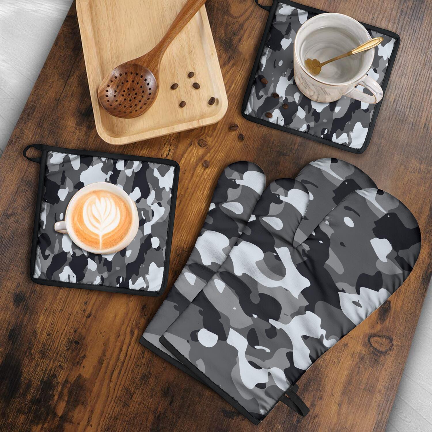 Camouflage Oven Mitts and Pot Holders Set Of 4, Heat Resistant Kitchen Gloves with Non-Slip Grip, Hanging Loop, Soft Cotton Lining for Baking, Cooking, Grilling, Barbecue