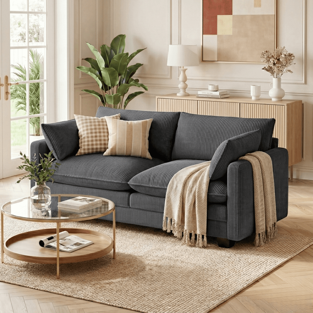 Asofer 75" Loveseat Corduroy Cloud Sofa, Deep Seat 2 Seater with Washable Cushion & 2 Pillows for Living Room Apartment, Gray