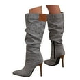 thumbnail image 6 of Knee High Boots For Women Stiletto High Heel Pointed Toe Applique Denim Boots Zipper Detachable Off Wide Calf Slouchy Ruched Panel Boots For Women, 6 of 6