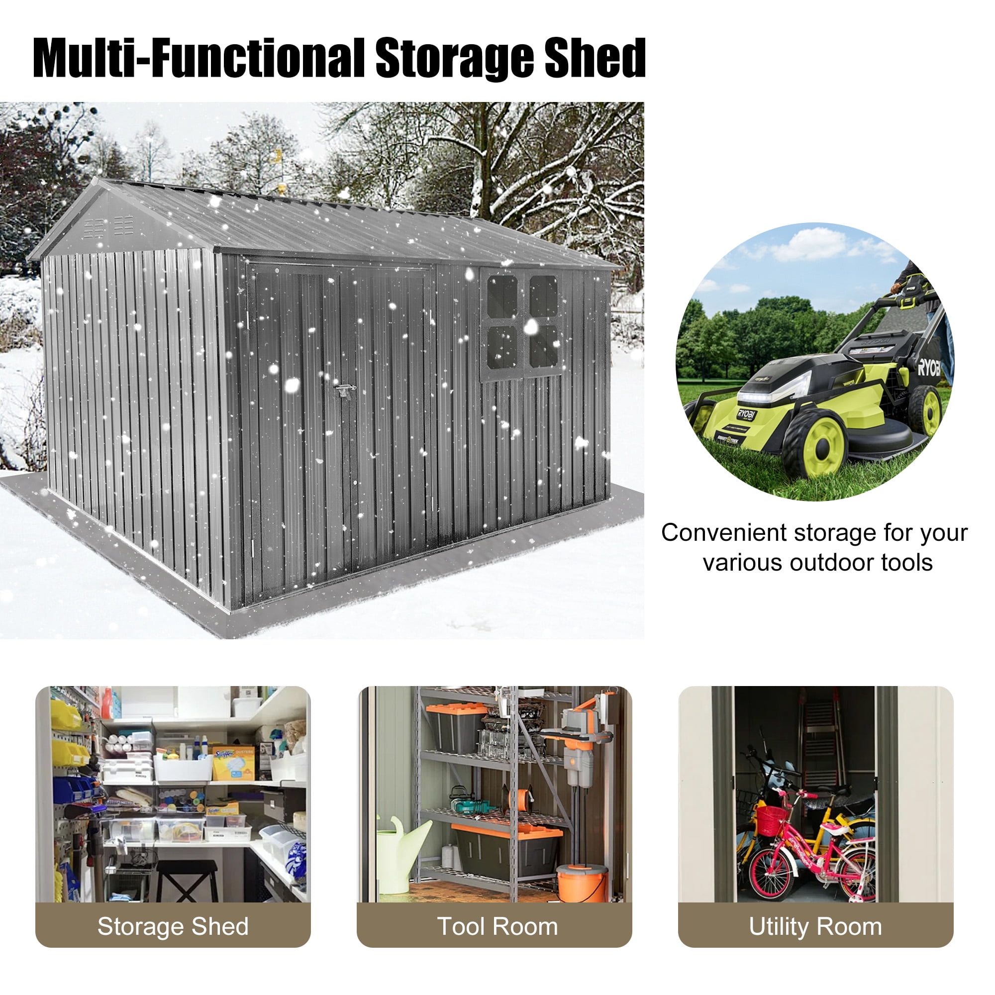 Aukfa 10FT x 8FT Outdoor Storage Shed, Metal Shed Storage with Window, Roof Slope Tool Shed with Door and Padlock for Backyards, Patio Lawns and Outdoor, Gray