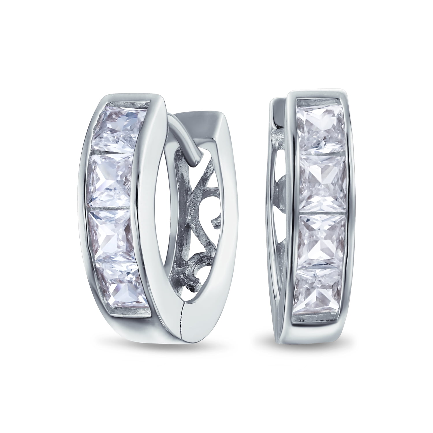 16 mm Sterling Silver Small Hoop Earrings Channel Set Square CZ 5/8 in 16 mm Sterling Silver Small Hoop Earrings Channel Set Square CZ 5/8 in