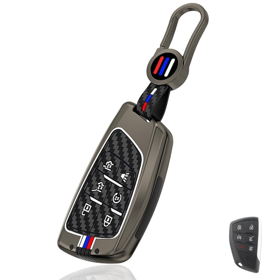 6 Button Heavy Metal Key Fob Cover, Compatible with 2021 2022 2023 2024 2025 GMC Yukon Denali Sierra, Fit for Chevy Silverado Suburban Tahoe Buick, with Carbon Fiber Pattern