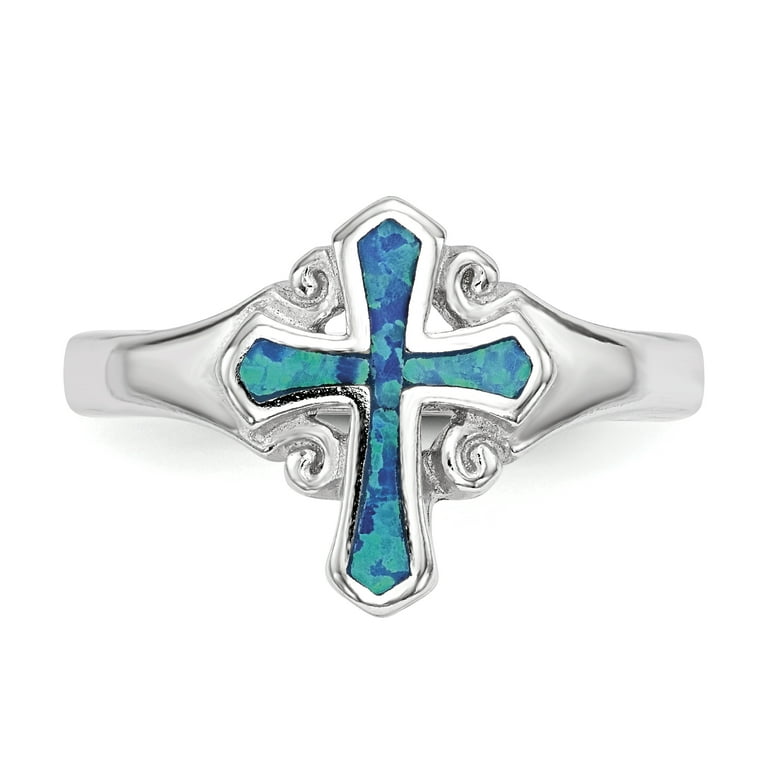 Sterling Silver Blue Created Opal Inlay Cross Ring Sterling Silver Blue Created Opal Inlay Cross Ring