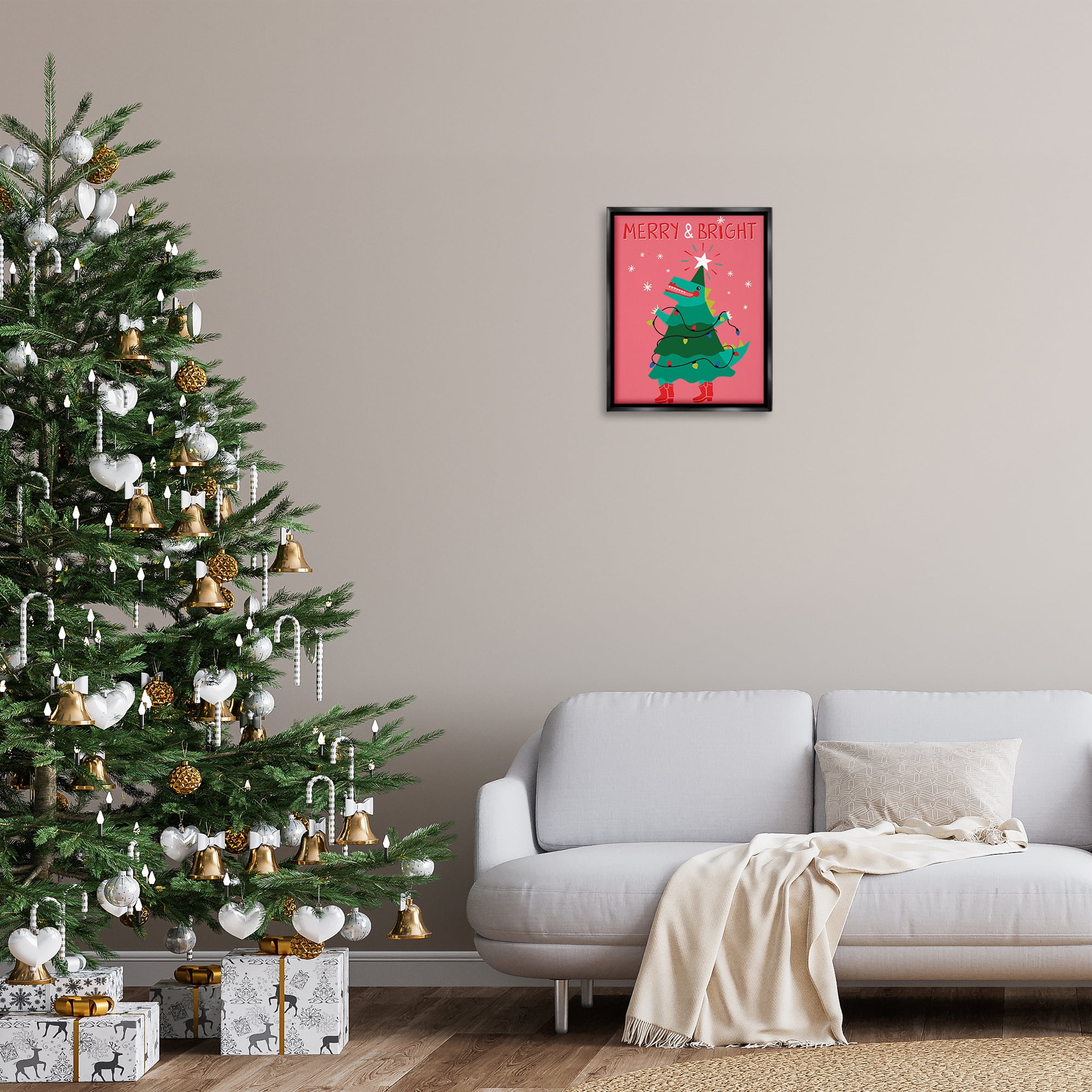 Stupell Industries Merry and Bright Dinosaur Holiday Painting Black Floater Framed Canvas Art Prints Wall Art, 17 x 21