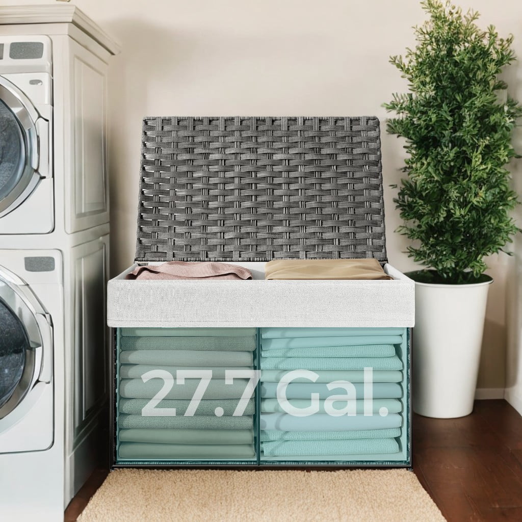 Gray Storage Basket with Lid, 27.7 Gallon (105L) Woven Storage Bin. Features handles, a removable liner, and a metal frame.
