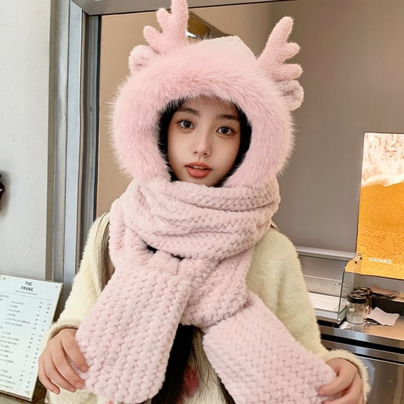 siminsem Women Winter Cute Dragon Horn Hat Scarf Gloves Set - 3 Piece Plush Fleece Lined Beanie Cap with Touchscreen Gloves & Long Scarf, Warm Thick Knit Cold Weather Gift Set, Pink,One Size
