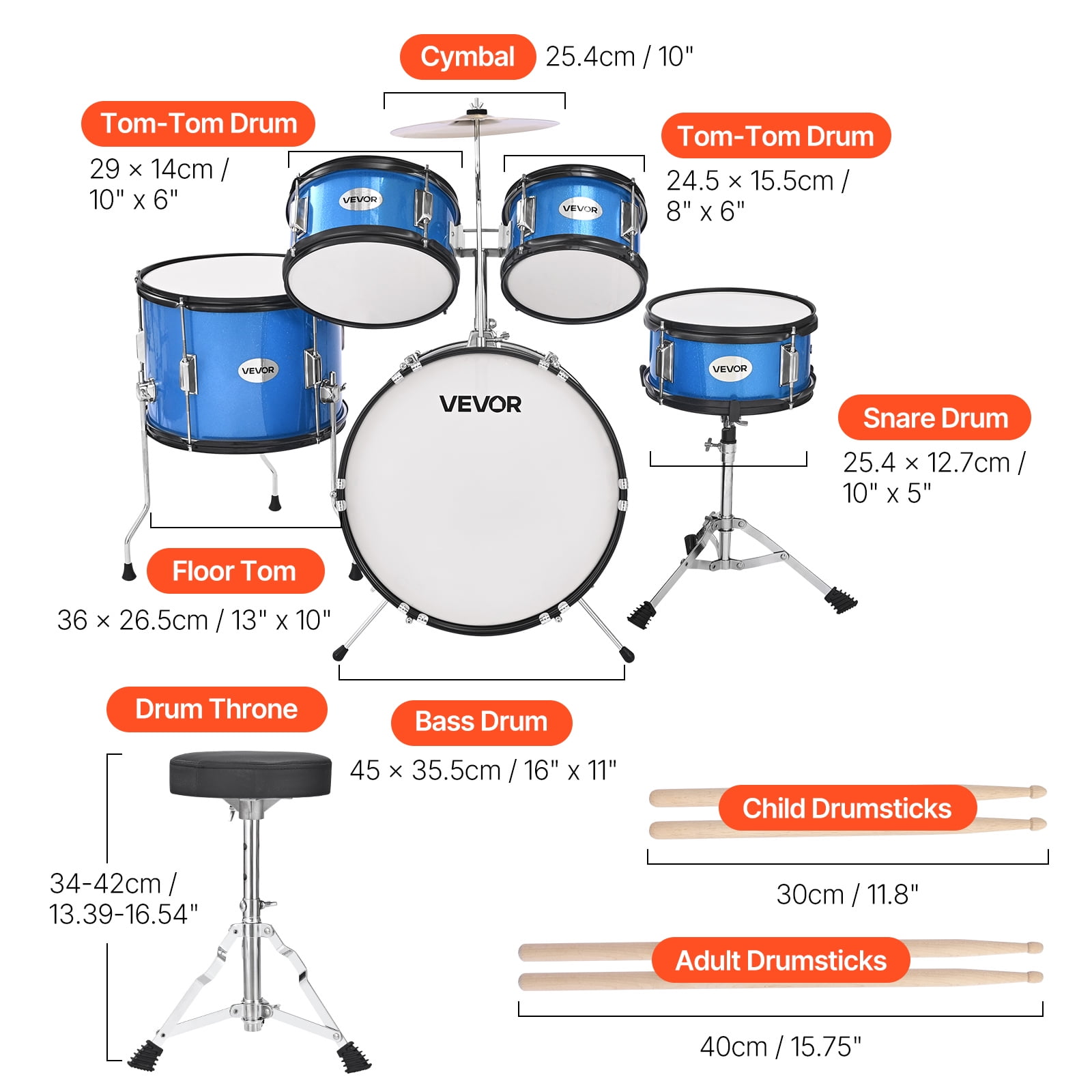 VEVOR Kids Drum Set, 5-Piece 16 in Junior Drum Sets, Beginner Drums Set with Adjustable Throne, Cymbal & Two Pairs of Drumsticks, Musical Learning Drums Kit(Blue)