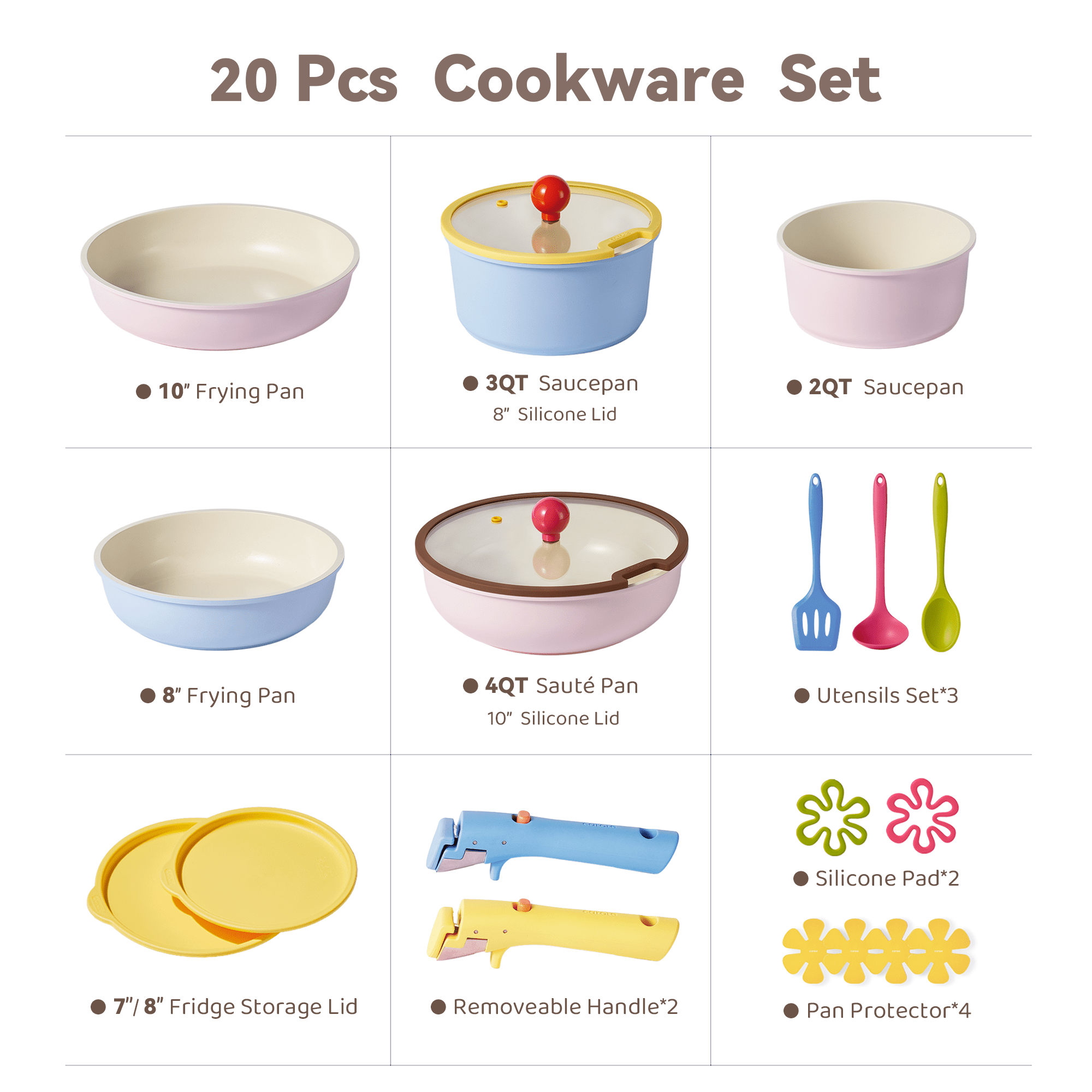Carote 20 Pcs Ceramic Nonstick Cookware Set, Pots and Pans with Detachable Handles, Oven/Dishwasher Safe, Stackable Kitchen Cooking Set, Colorful